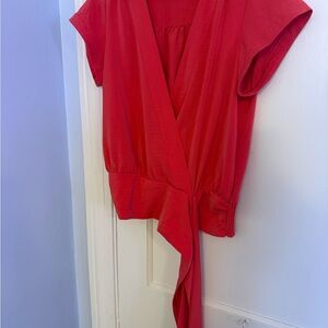 Nine West Red Wrap-Style Short Sleeve Blouse